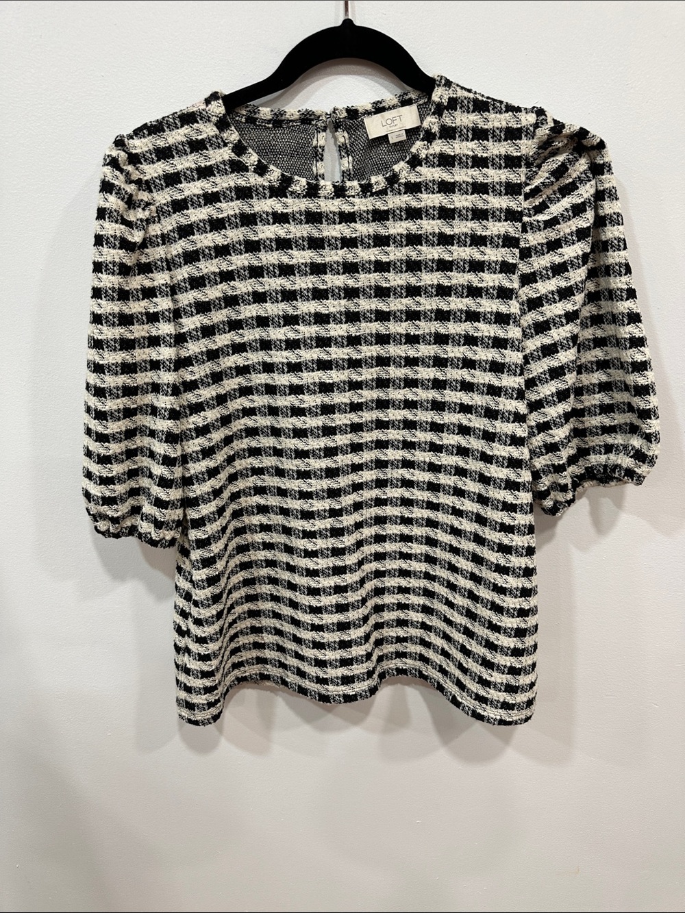 LOFT Black and White Checked Tweed Puff Sleeve Blouse